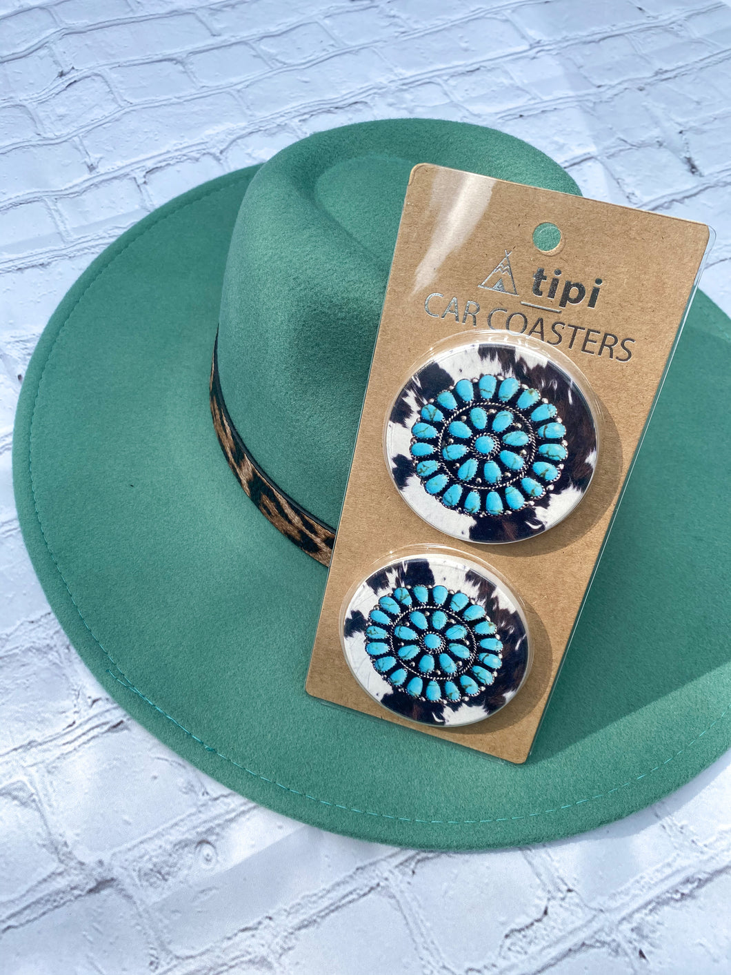 Turquoise Concho and Cow Print Car Coasters