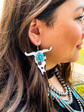 Load image into Gallery viewer, Cow Print Skull Faux Leather with Turquoise Stone Earrings

