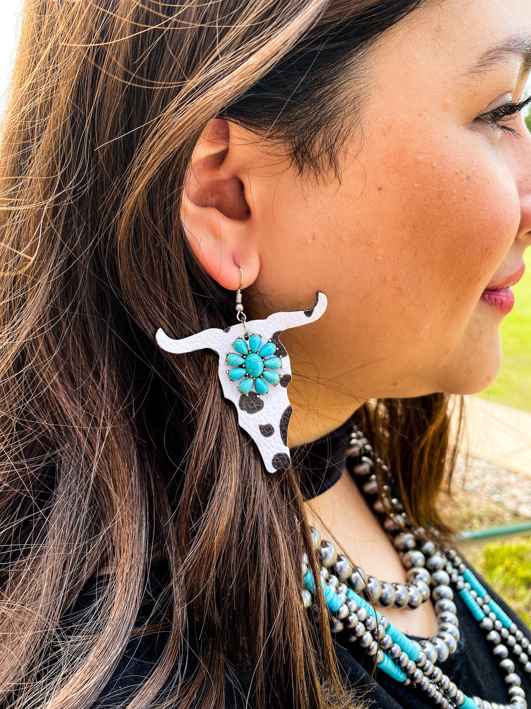 Cow Print Skull Faux Leather with Turquoise Stone Earrings