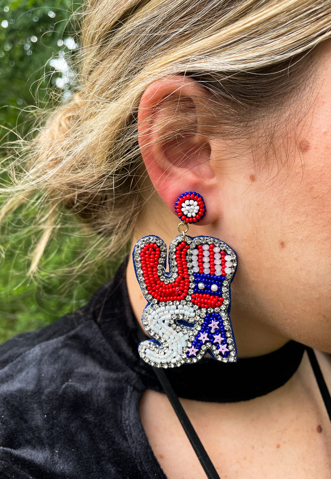 “Courtesy Of The Red, White, & Blue” Beaded USA Earrings