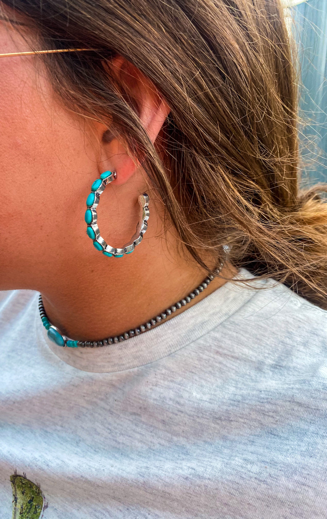 “To Be Loved Be You” Medium Sized Turquoise Hoops